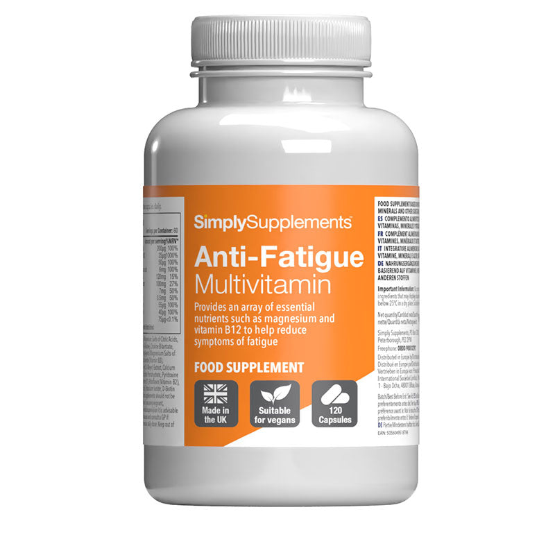 Simply Supplements Anti-Fatigue Multivitamin Flasche auf ein weiß Hintergrund