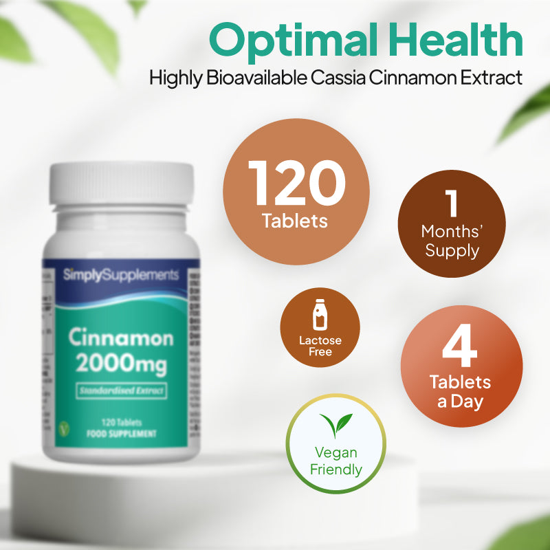 Simply Supplements Cinnamon 2000mg supplement with 120 tablets, 1 month’s supply, 4 tablets a day, lactose free, and suitable for vegans.