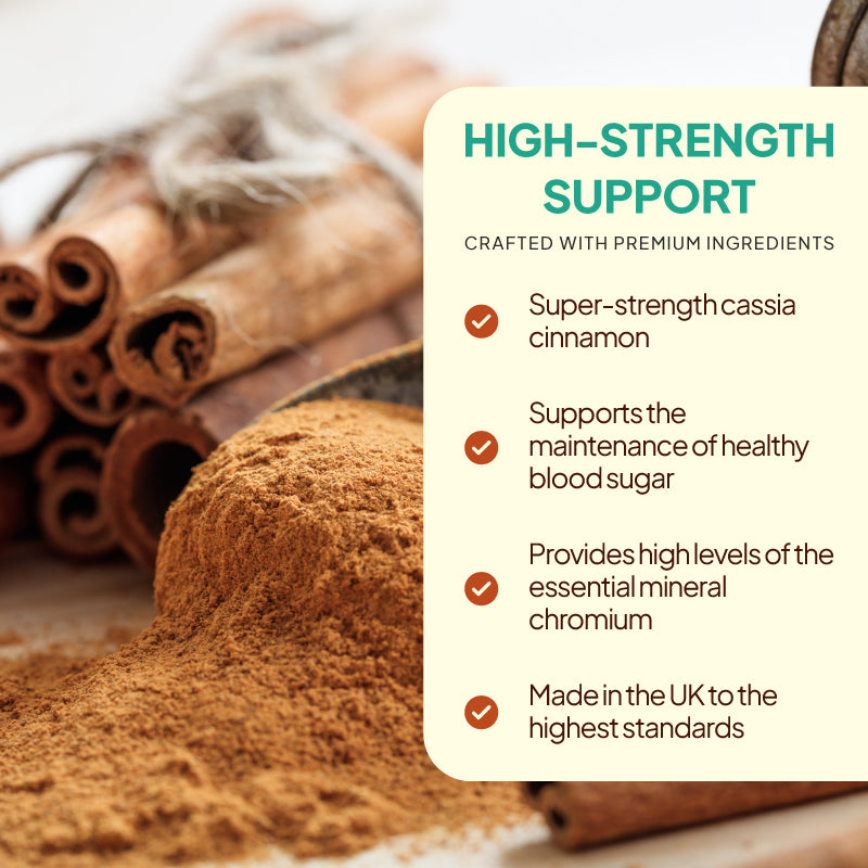 Simply Supplements Cinnamon 2000mg graphic highlighting support for healthy blood sugar, chromium content, UK-made quality, and standardised extract ingredients.