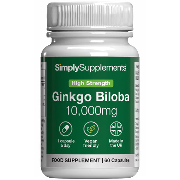 Flasche von Simply Supplements Ginkgo Biloba 10,000mg Nahrungsergänzungsmittel auf ein weiß Hintergrund