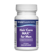 Nahrungsergänzungsmittel Flasche etikettiert 'Haare Care MAX für Männer' von Simply Supplements auf ein weiß Hintergrund