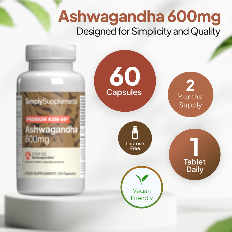 Ashwagandha 600mg Nahrungsergänzungsmittel Flasche image mit 60 Kapseln, 2 months supply, Laktose frei, 1 Tablette täglich, und vegan freundlich