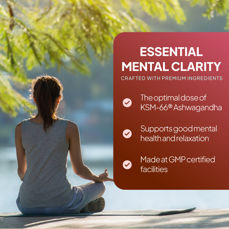 Ashwagandha Nahrungsergänzungsmittel Lifestyle Vorteile image zeigt ein woman meditating outdoors alongside claims about KSM-66 ashwagandha, mental clarity, relaxation Unterstützung, und GMP-certified manufacturing