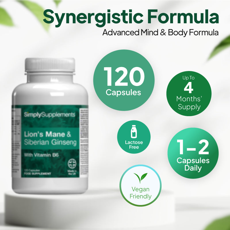 Simply Supplements Lion’s Mane und Siberian Ginseng Nahrungsergänzungsmittel Grafik zeigt 120 Kapseln, up zu 4 months’ supply, 1–2 Kapseln täglich, Laktose frei Formel, und vegan freundlich Profil.