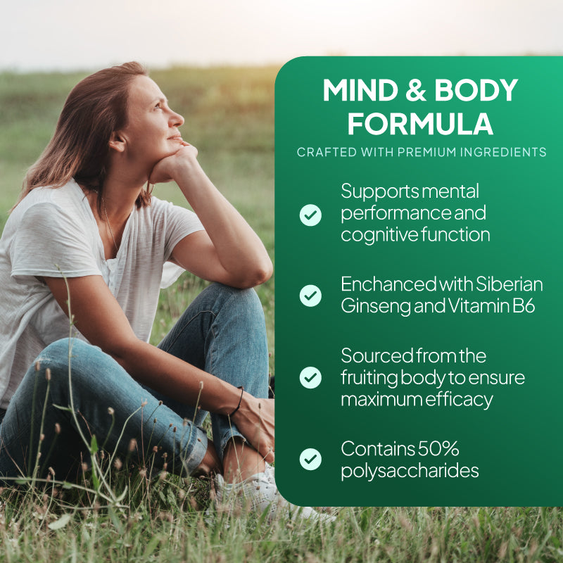 Simply Supplements Lion’s Mane und Siberian Ginseng Lifestyle Grafik hebt hervor Unterstützung für mental Leistung und cognitive Funktion, added Siberian Ginseng und Vitamin B6, lion’s mane sourced von die fruiting body für maximum efficacy, und 50% polysaccharides content.