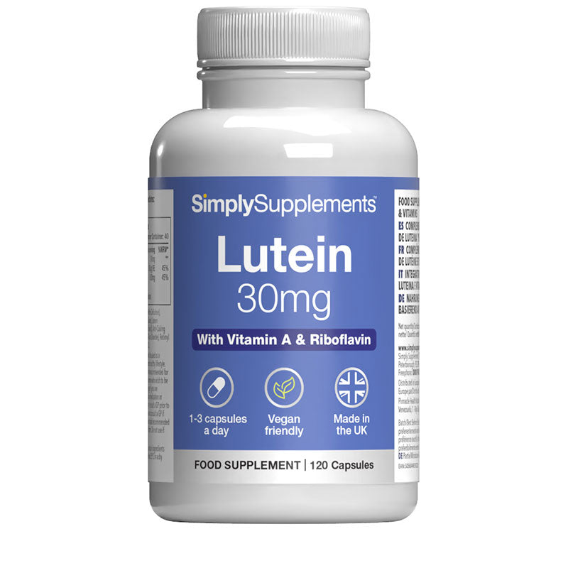 Nahrungsergänzungsmittel Flasche etikettiert 'Lutein 30mg' mit branding auf ein weiß Hintergrund