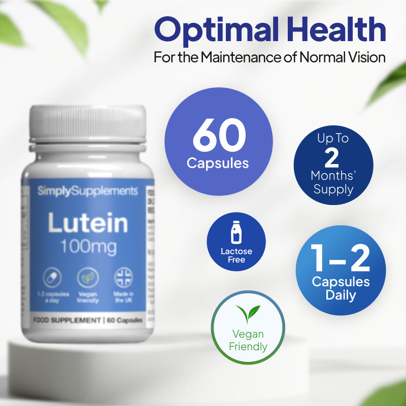 Simply Supplements Lutein 100mg Nahrungsergänzungsmittel Grafik zeigt 60 Kapseln, up zu 2 months’ supply, 1 zu 2 Kapseln täglich, Laktose frei Formel und vegetarian freundlich Profil.