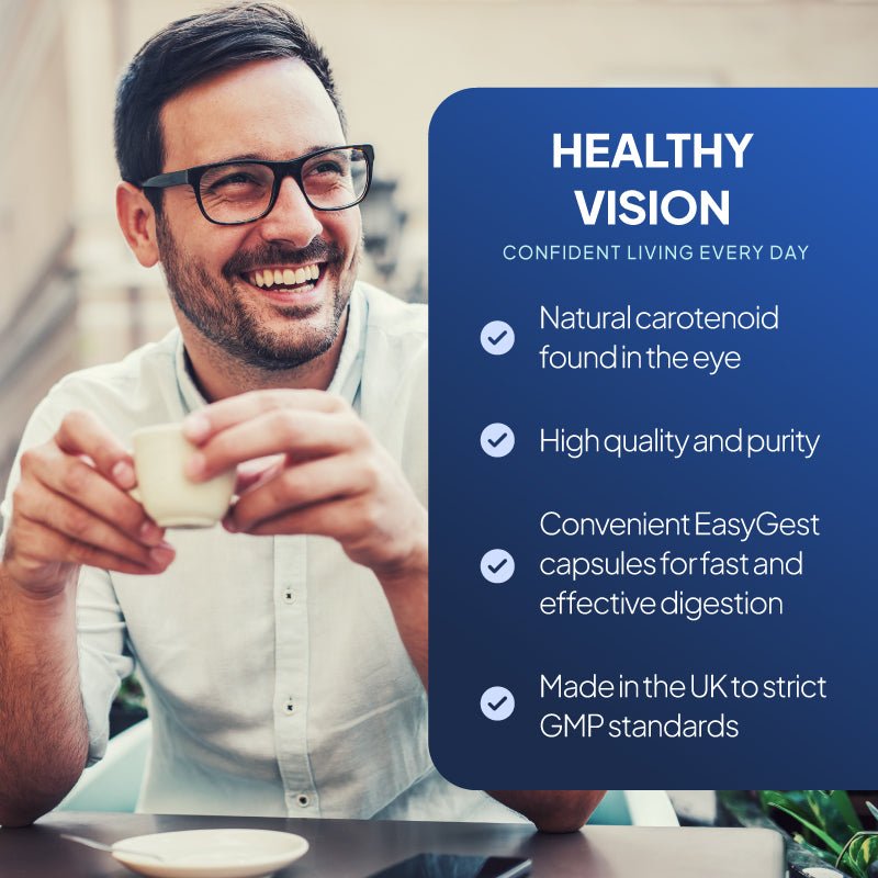 Simply Supplements Lutein 100mg Lifestyle Grafik hebt hervor natürlich carotenoid found in die eye, hoch Qualität und purity, EasyGest Kapseln für fast und effective digestion, und hergestellt in die Großbritannien zu strict GMP standards.
