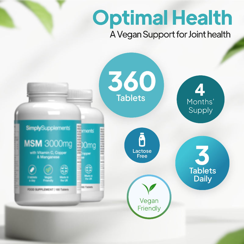 Simply Supplements MSM 3000mg vegan Gelenk Gesundheit Nahrungsergänzungsmittel bottles mit 360 Tabletten, 4 months supply, Laktose frei Formel und 3 Tabletten täglich dosage für long-lasting Gelenk Unterstützung.
