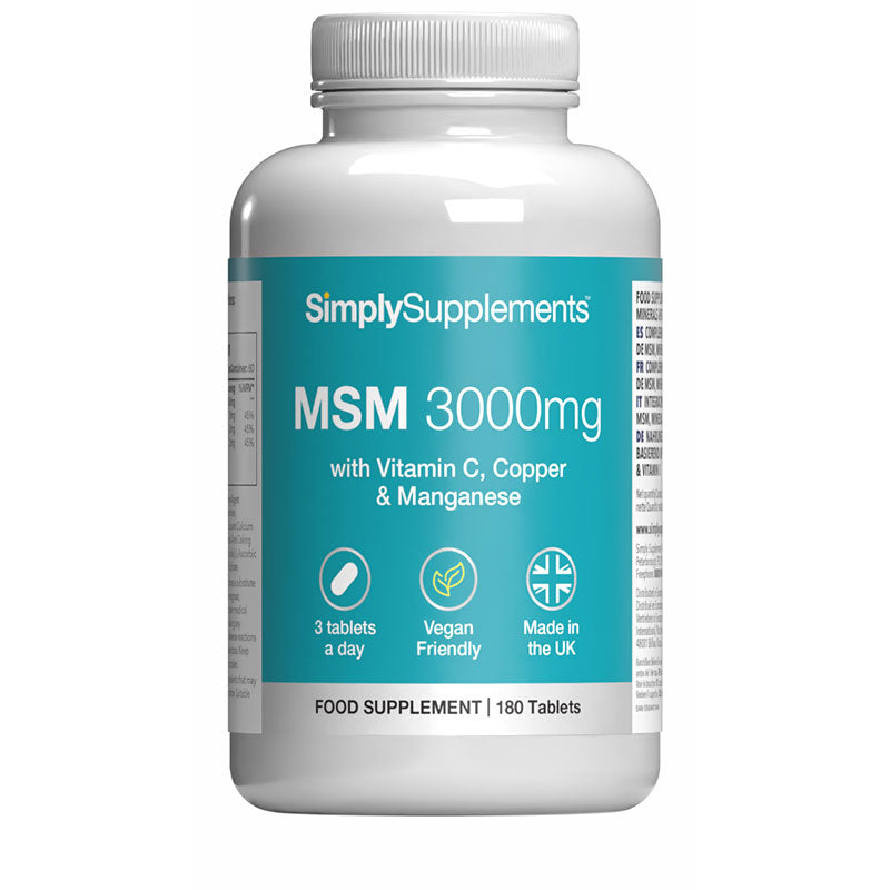Nahrungsergänzungsmittel Flasche etikettiert 'Simply Supplements MSM 3000mg' auf ein weiß Hintergrund