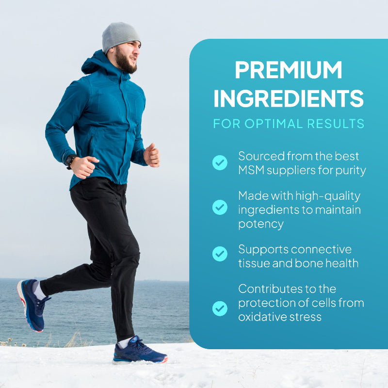 Simply Supplements MSM 3000mg Premium Inhaltsstoffe Grafik zeigt ein runner outdoors, hebt hervor high-quality MSM Nahrungsergänzungsmittel für Gelenk Unterstützung, connective tissue, bone Gesundheit und antioxidant protection.