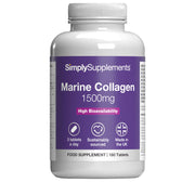 Nahrungsergänzungsmittel Flasche etikettiert 'Marine Kollagen 1500mg' von Simply Supplements auf ein weiß Hintergrund