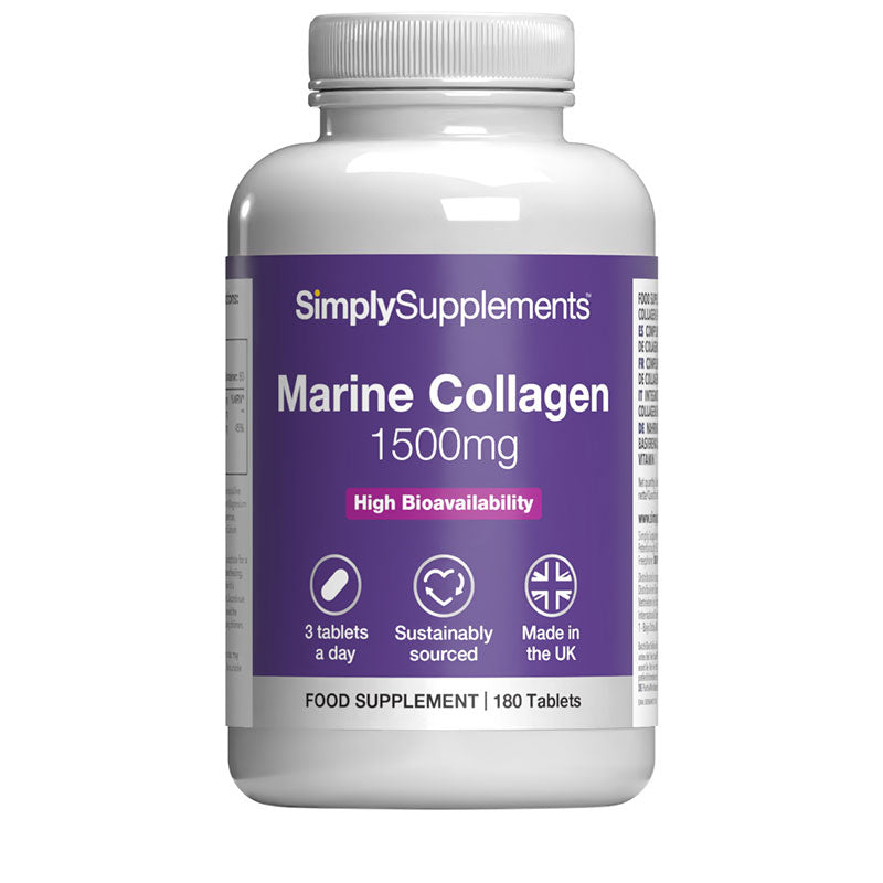 Nahrungsergänzungsmittel Flasche etikettiert 'Marine Kollagen 1500mg' von Simply Supplements auf ein weiß Hintergrund