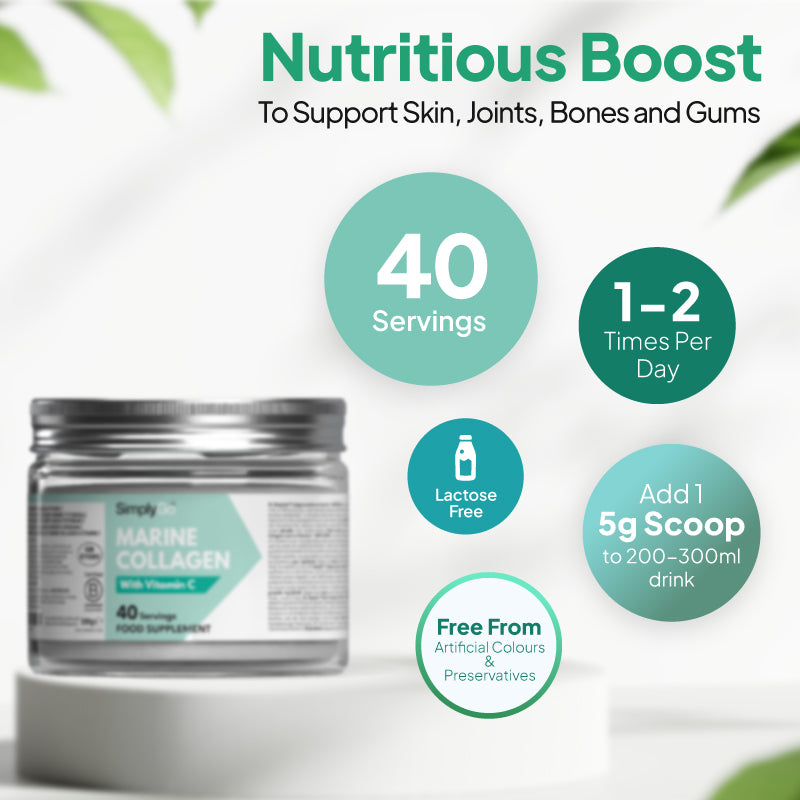SimplyGo Marine Kollagen Nahrungsergänzungsmittel Grafik zeigt 40 servings, 1 zu 2 times per Tag, Laktose frei Formel, frei von künstlich Farbstoffe und Konservierungsstoffe, und 1 scoop added zu 200 zu 300ml drink.