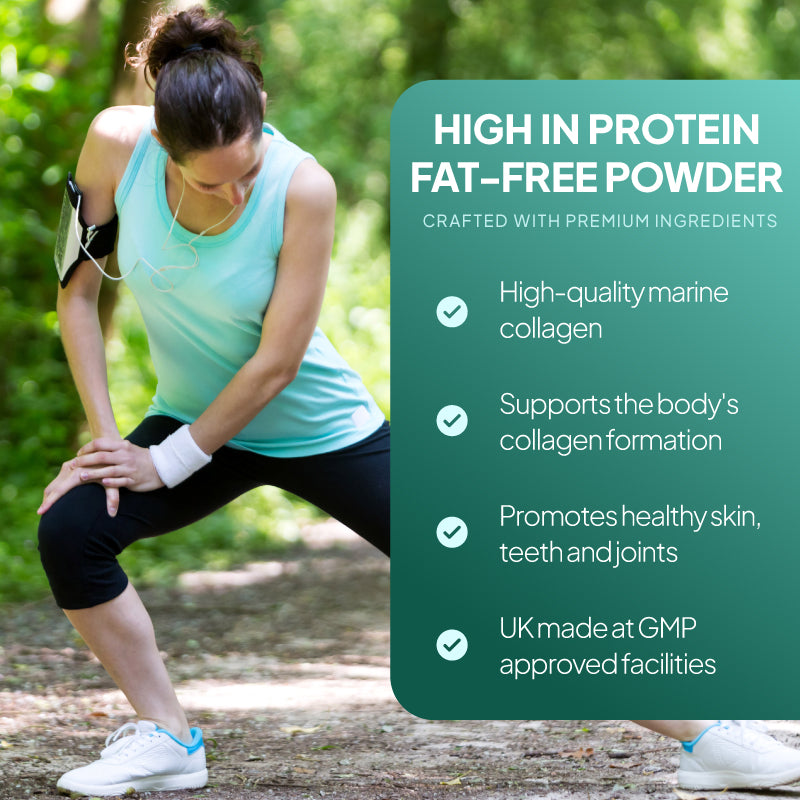 SimplyGo Marine Kollagen Lifestyle Grafik hebt hervor high-protein fat-free Pulver, Premium marine Kollagen, Unterstützung für Kollagen formation, gesund Haut teeth und Gelenke, und Großbritannien GMP-approved manufacturing.