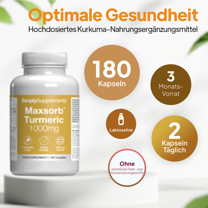 Eine weiße Nahrungsergänzungsmittelflasche mit der Aufschrift „SimplySupplements Maxsorb Turmeric 1000 mg“, die auf einem Sockel steht und mit deutschen Werbetexten sowie kreisförmigen Beschriftungen versehen ist, auf denen „180 Kapseln“, „Vorrat für 3 Monate“, „laktosefrei“ und „2 Kapseln täglich“ zu lesen ist.