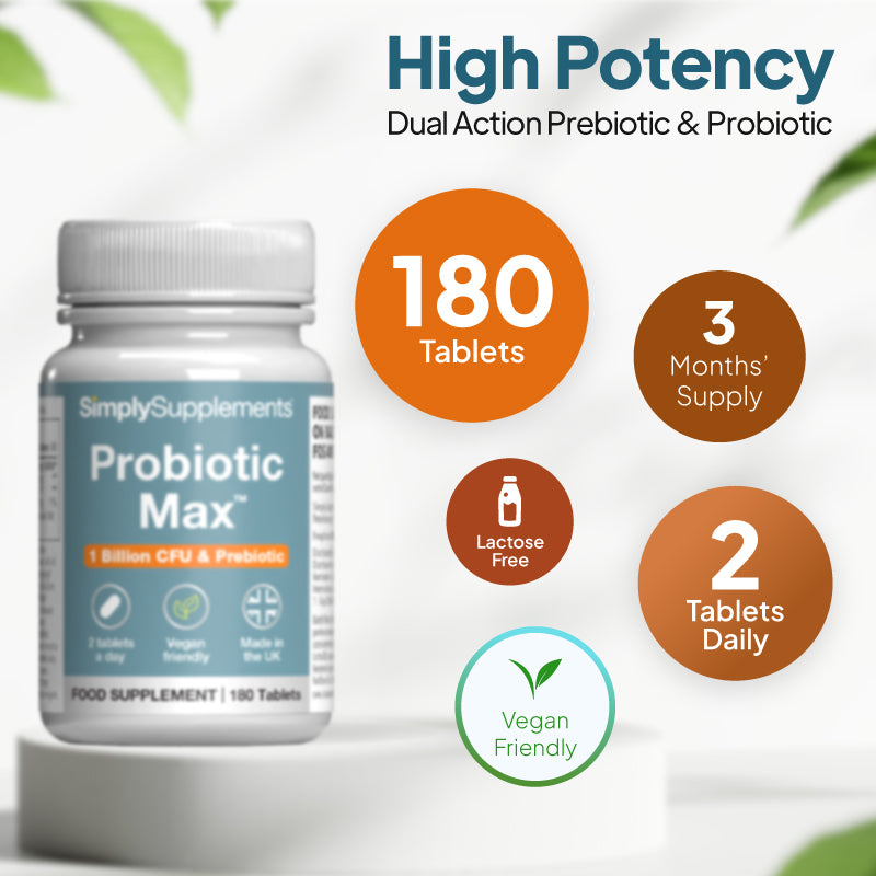 Simply Supplements Probiotikum Max Nahrungsergänzungsmittel Grafik zeigt 180 Tabletten, 3 months supply, 2 Tabletten täglich, Laktose frei Formel und vegan freundlich Probiotikum Unterstützung.