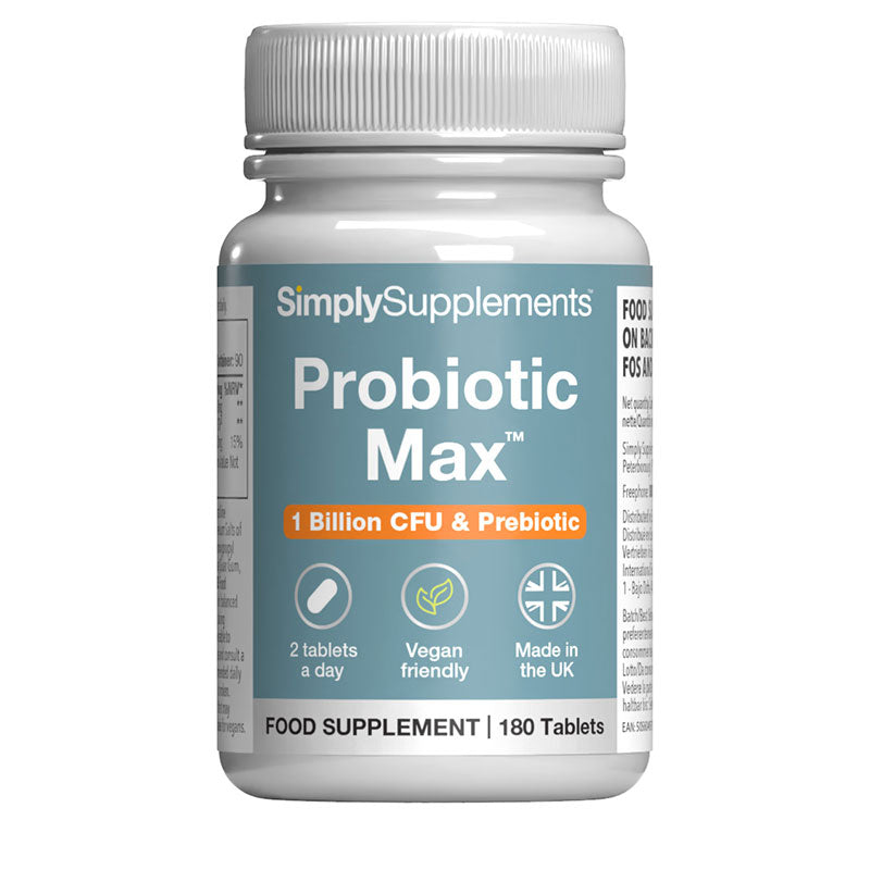 Flasche von Simply Supplements Probiotikum Max auf ein weiß Hintergrund