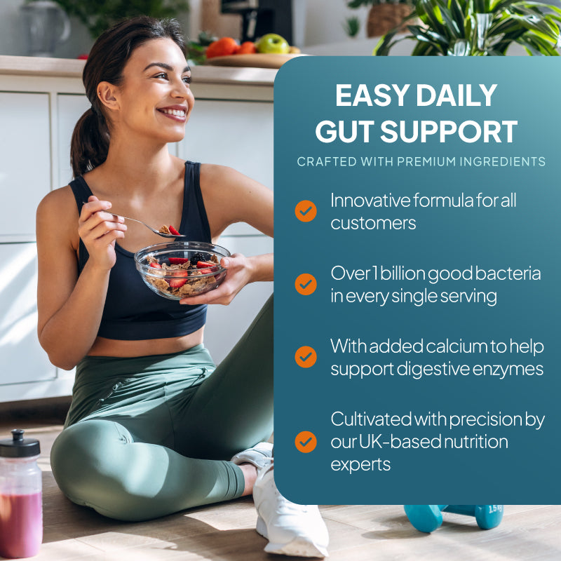 Simply Supplements Probiotikum Max Lifestyle Grafik hebt hervor Probiotikum und prebiotic gut Unterstützung, über 1 billion good bacteria per serving, added Calcium für digestive enzymes und fast-release Tabletten.