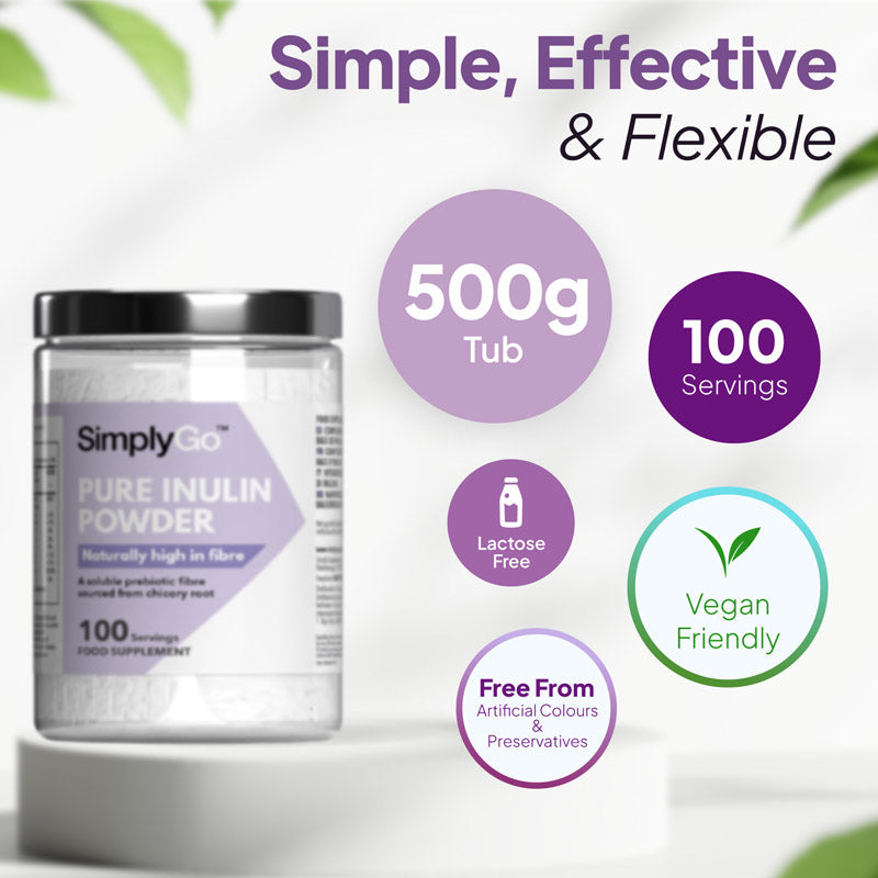 SimplyGo Rein Inulin Pulver Nahrungsergänzungsmittel Grafik zeigt 500g tub, 100 servings, Laktose frei Formel, vegan freundlich Profil und frei von künstlich Farbstoffe und Konservierungsstoffe.