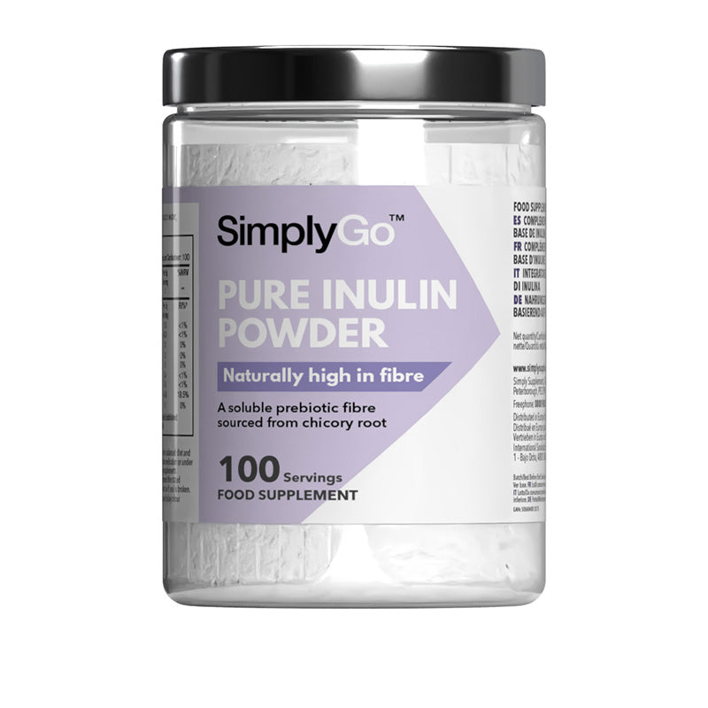 Jar von SimplyGo Rein Inulin Pulver auf ein weiß Hintergrund