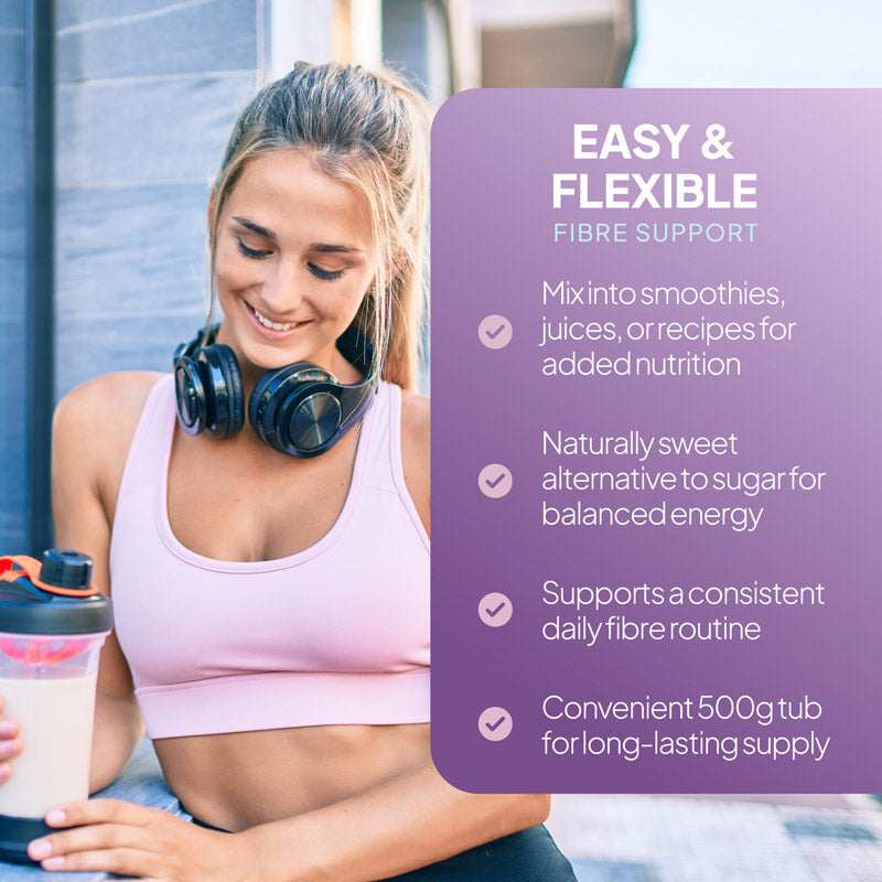 SimplyGo Rein Inulin Lifestyle Grafik hebt hervor flexible fibre Unterstützung, smoothie und recipe use, naturally sweet sugar alternative, täglich fibre routine Unterstützung und convenient 500g long-lasting supply.