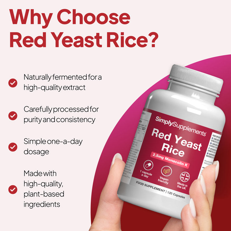 Flasche von Simply Supplements Roter Reishefe ectract hebt hervor Vorteile und dosage