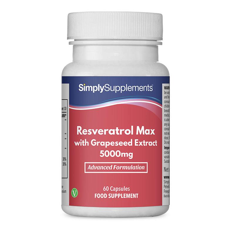 Nahrungsergänzungsmittel Flasche etikettiert 'Resveratrol Max mit Grapeseed Extrakt 5000mg' von Simply Supplements auf ein weiß Hintergrund.