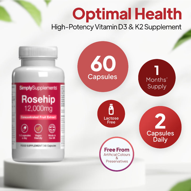 Simply Supplements Rosehip 12,000mg Nahrungsergänzungsmittel Grafik zeigt 60 Kapseln, 1 month supply, 2 Kapseln täglich, Laktose frei Formel und frei von künstlich Farbstoffe und Konservierungsstoffe.