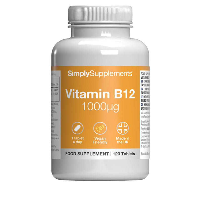 Weiß Nahrungsergänzungsmittel Flasche etikettiert 'Simply Supplements Vitamin B12 1000µg' auf ein weiß Hintergrund