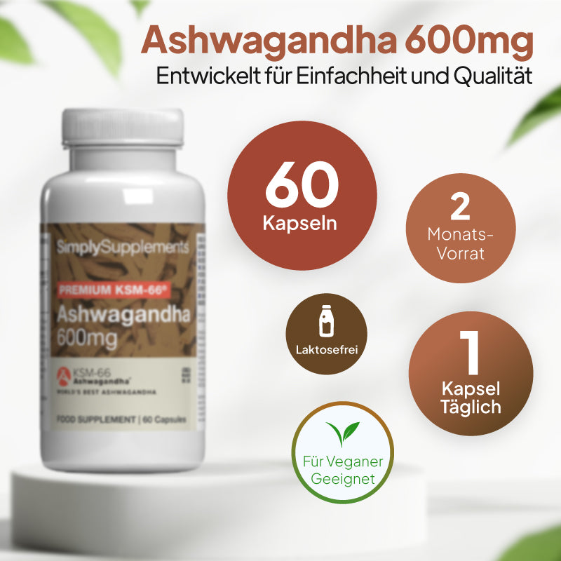 Eine Flasche des Nahrungsergänzungsmittels „SimplySupplements Ashwagandha 600 mg“ auf einem weißen Sockel, mit Werbetext und runden Textfeldern in deutscher Sprache: 60 Kapseln, Vorrat für 2 Monate, 1 Kapsel täglich und für Veganer geeignet.