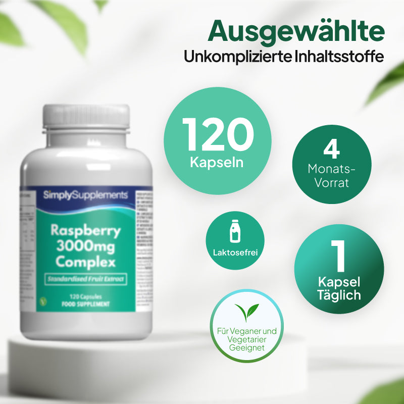 Eine Flasche des Nahrungsergänzungsmittels „SimplySupplements Raspberry 3000 mg Complex“ auf einem weißen Sockel, mit deutschem Werbetext und runden Aufklebern, auf denen „120 Kapseln“, „Vorrat für 4 Monate“, „laktosefrei“ und „1 Kapsel täglich“ angegeben sind.