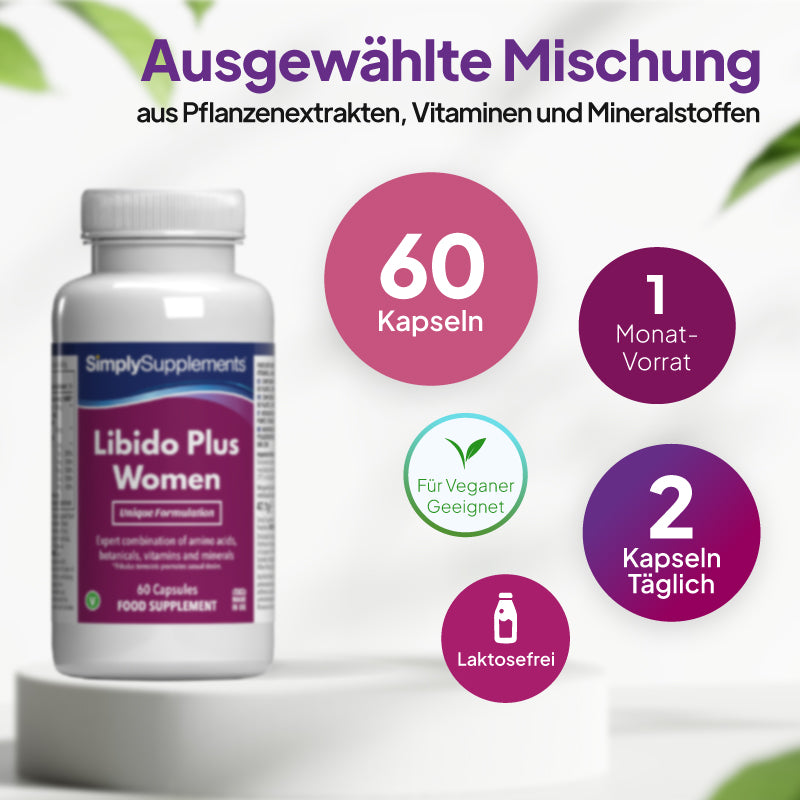 „Simply Supplements Libido Plus Women“ Nahrungsergänzungsmittel mit 60 Kapseln, Vorrat für 1 Monat, 2 Kapseln täglich, vegan und laktosefrei.
