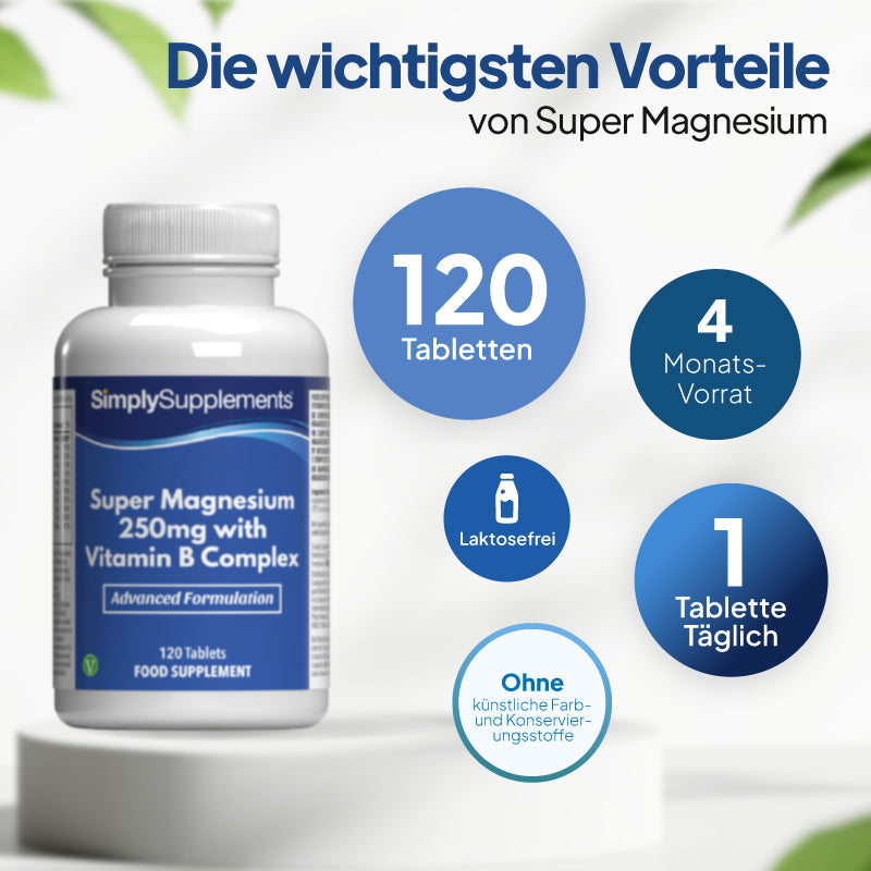 Simply Supplements Super Magnesium 250 mg mit Vitamin-B-Komplex, 120 Tabletten
