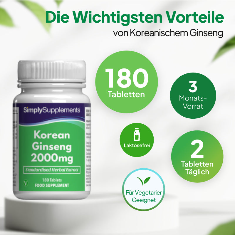 Eine Flasche „SimplySupplements Korean Ginseng 2000 mg“ vor weißem Hintergrund, mit deutschem Werbetext und runden Hinweisschildern, auf denen „180 Tabletten“, „Vorrat für 3 Monate“, „laktosefrei“ und „für Vegetarier geeignet“ angegeben sind.