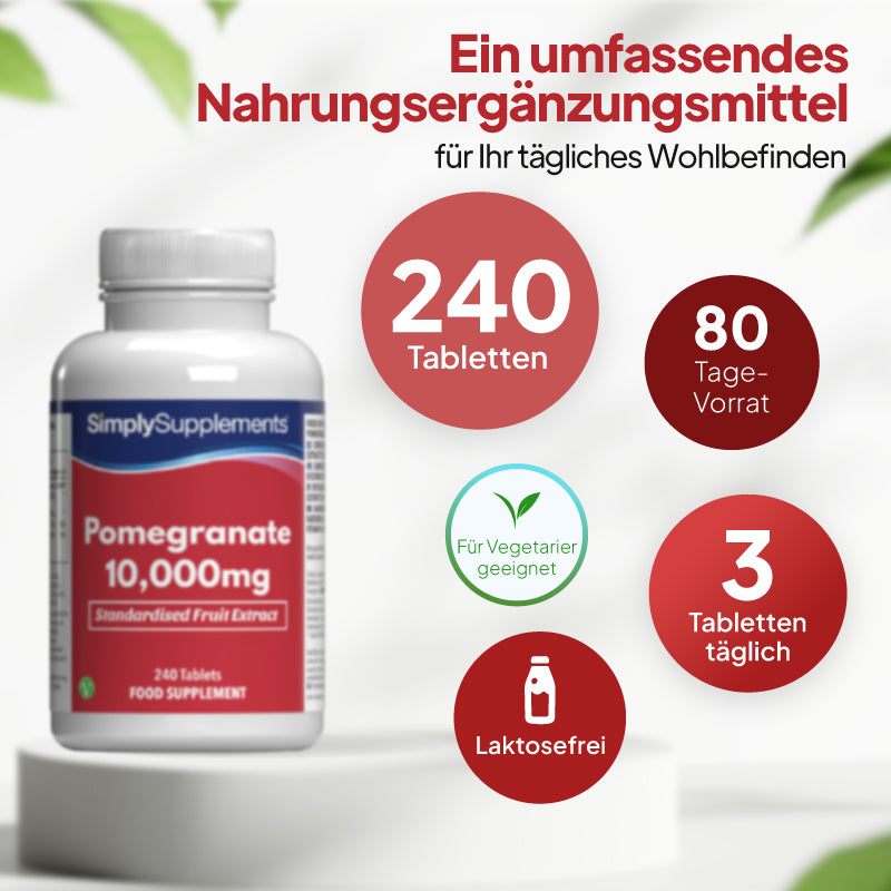 „Simply Supplements Granatapfel 10.000 mg“ enthält 240 Tabletten.