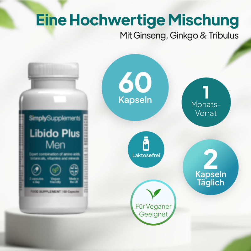 Auf einem weißen Sockel vor einem hellen Hintergrund mit grünen Blättern steht eine weiße Nahrungsergänzungsmittelflasche mit der Aufschrift „SimplySupplements Libido Plus Men“. Türkisfarbene und türkisblaue Textkreise mit deutschem Text heben die wichtigsten Merkmale hervor: 60 Kapseln, Vorrat für 1 Monat, 2 Kapseln täglich, laktosefrei und für Veganer geeignet.