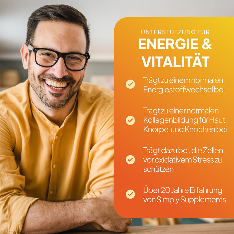 Vitamin C trägt zum Energiestoffwechsel bei und unterstützt die Gesundheit von Haut, Knorpel und Knochen