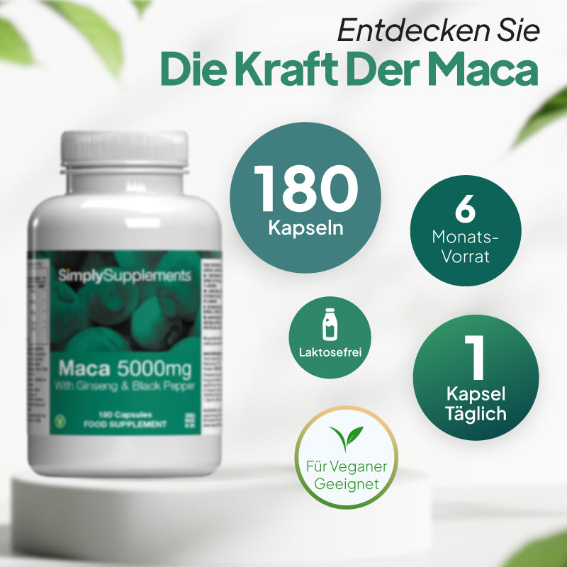 Produkt-Infografik für „Simply Supplements Maca 5000 mg mit Ginseng und schwarzem Pfeffer“, auf der die Nahrungsergänzungsmittelflasche neben einer kreisförmigen Darstellung von Maca-Pulver zu sehen ist, begleitet von dem Text „Entdecken Sie die Kraft von Maca“ sowie Hinweisen auf 180 Kapseln, eine Reichweite von bis zu 6 Monaten bei Einnahme von 1 Kapsel pro Tag, die Eignung für Veganer und Vegetarier sowie die Tatsache, dass das Produkt frei von künstlichen Farbstoffen und Konservierungsstoffen ist.
