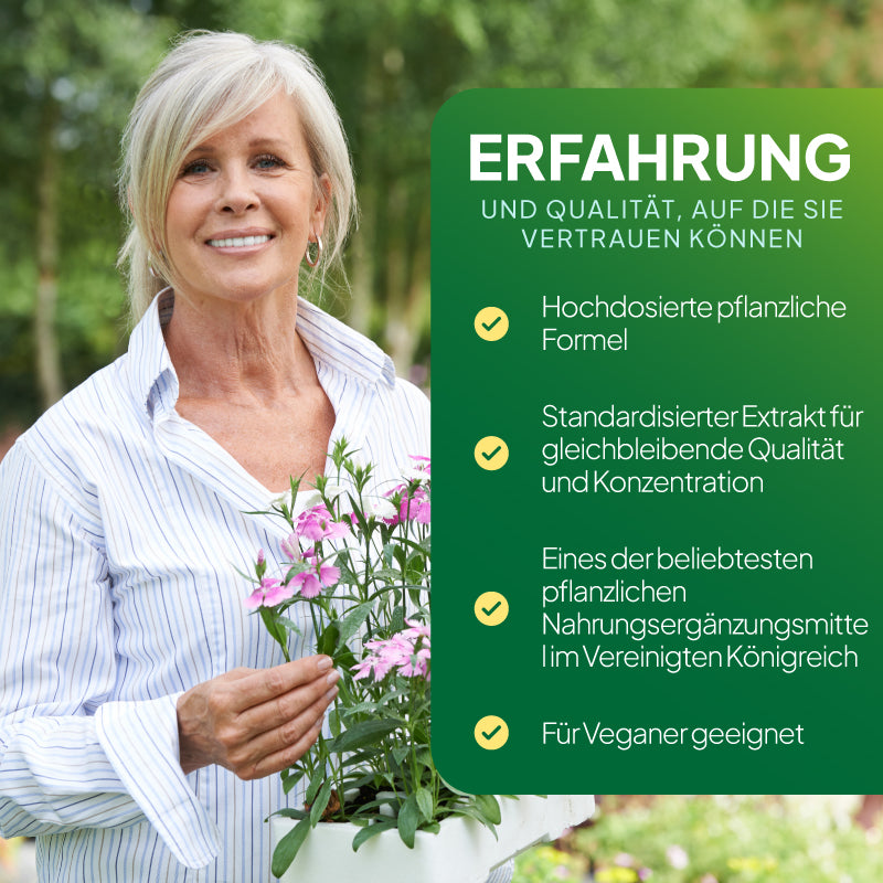 Grafik zum „Ginkgo Biloba“-Lifestyle von Simply Supplements, die folgende Aspekte hervorhebt: besonders wirksame pflanzliche Unterstützung, standardisierter Extrakt für gleichbleibende Wirksamkeit und Reinheit, eines der beliebtesten pflanzlichen Nahrungsergänzungsmittel in Großbritannien sowie Eignung für Veganer.
