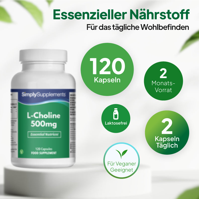 Simply Supplements L-Cholin 500 mg, 120 Kapseln, Vorrat für 2 Monate, 2 Kapseln täglich, laktosefrei und für Veganer geeignet.
