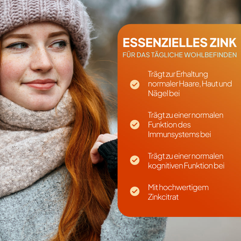 Zinktabletten unterstützen gesundes Haar, gesunde Haut und gesunde Nägel, fördern die Funktion des Immunsystems und tragen zur kognitiven Funktion bei.