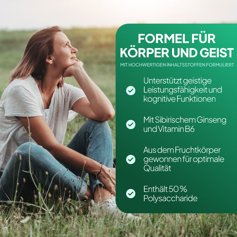 Grafik zu „Simply Supplements“ mit Löwenmähne und Sibirischem Ginseng, die die Unterstützung der geistigen Leistungsfähigkeit und der kognitiven Funktionen hervorhebt: mit Sibirischem Ginseng und Vitamin B6 angereichert, Löwenmähne aus dem Fruchtkörper für maximale Wirksamkeit und einem Polysaccharidgehalt von 50 %.
