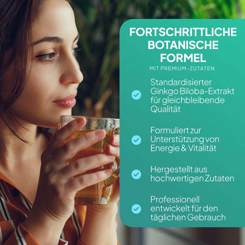 Eine Frau in einem braun gestreiften Oberteil hält ein Glas mit einer bernsteinfarbenen Flüssigkeit in der Hand; rechts davon befindet sich ein großes, blaugrünes Textfeld in deutscher Sprache, das für eine pflanzliche Rezeptur wirbt. Bei der Darstellung handelt es sich eher um eine Werbegrafik als um eine reine Produktfotografie.