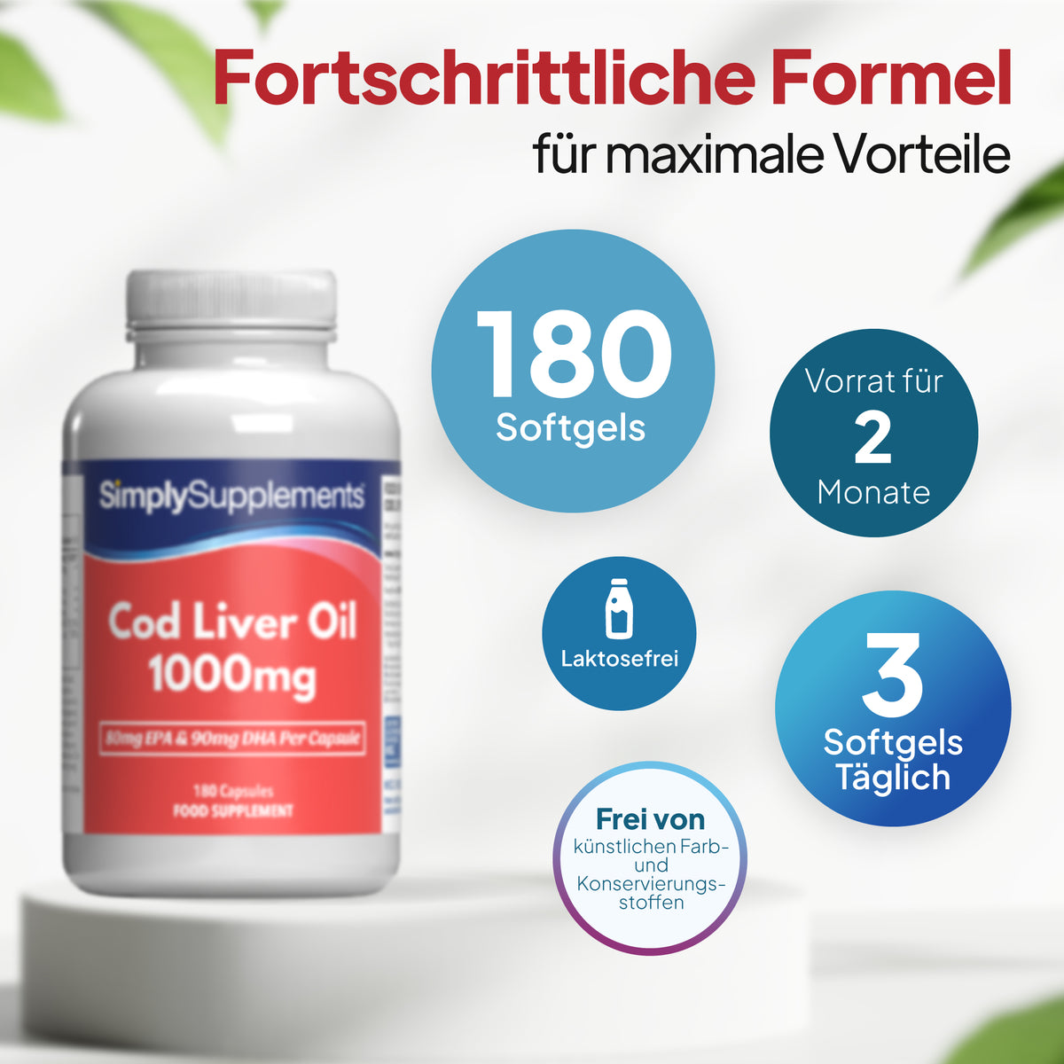 Eine Flasche „SimplySupplements“ Lebertran 1000 mg in Kapselform, dargestellt auf einem weißen Sockel, mit deutschem Werbetext und kreisförmigen Beschriftungen mit den Angaben „180 Kapseln“, „Vorrat für 2 Monate“, „laktosefrei“ und „3 Kapseln täglich“. 