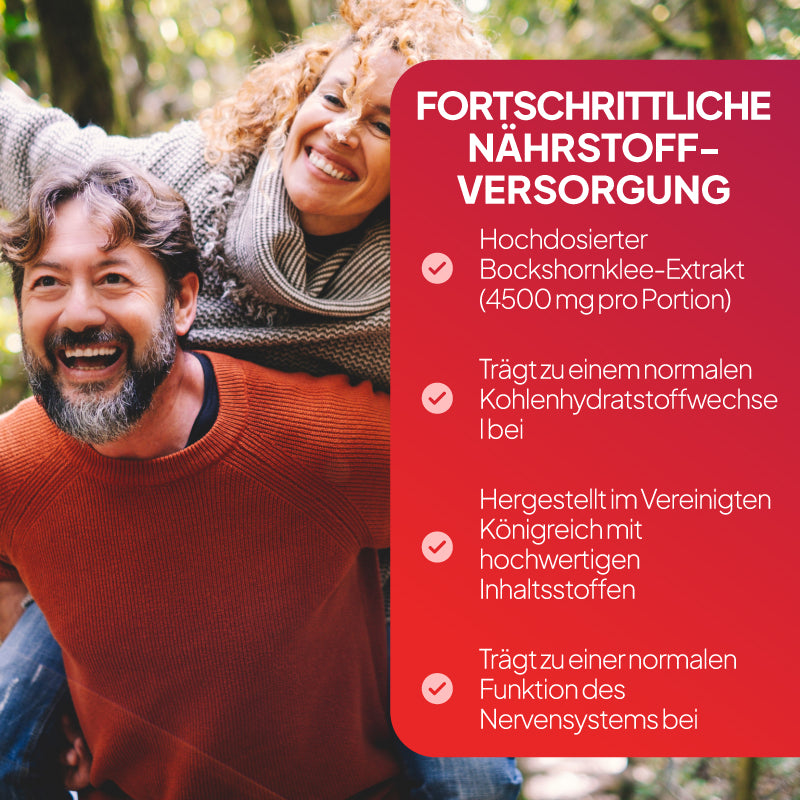 Deutsche Werbegrafik mit einem lächelnden Paar im Freien auf der linken Seite und einem großen roten Textfeld auf der rechten Seite mit der Aufschrift „FORTSCHrittliche NÄHRSTOFF-VERSORGUNG“ sowie Aufzählungspunkten zu Bockshornklee-Extrakt und Kohlenhydratzufuhr.