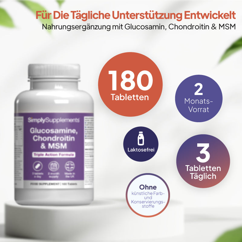 Eine Flasche des Nahrungsergänzungsmittels „SimplySupplements Glucosamin, Chondroitin & MSM“ auf einem weißen Sockel, mit deutschem Werbetext und hervorgehobenen Kreisen, die auf 180 Tabletten, einen Vorrat für 2 Monate und die tägliche Dosierung hinweisen.