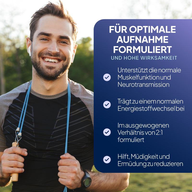 Kalzium- und Magnesiumtabletten unterstützen die Muskelfunktion und die Signalübertragung im Nervensystem und fördern den Energiestoffwechsel.
