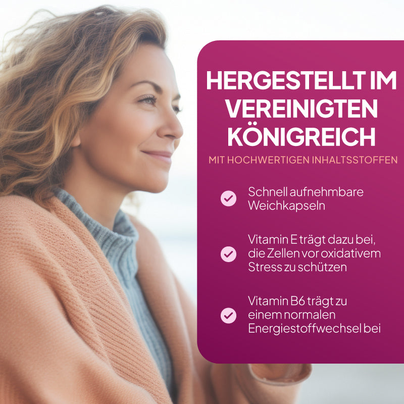 Eine Frau in einer beigen Strickjacke und einem grauen Pullover blickt nachdenklich zur Seite, neben ihr befindet sich eine große magentafarbene Texttafel mit deutschen Angaben zu Inhaltsstoffen und Vorteilen.