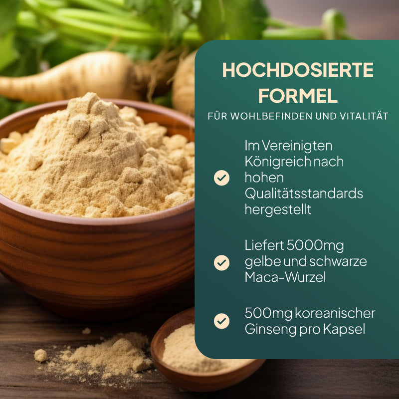 Werbegrafik für „Simply Supplements Maca 5000 mg mit Ginseng und schwarzem Pfeffer“, in der hervorgehoben wird, dass das Produkt in Großbritannien nach höchsten Standards hergestellt wird und jede Kapsel 500 mg gelbe und schwarze Maca-Wurzel sowie 500 mg koreanischen Ginseng enthält
